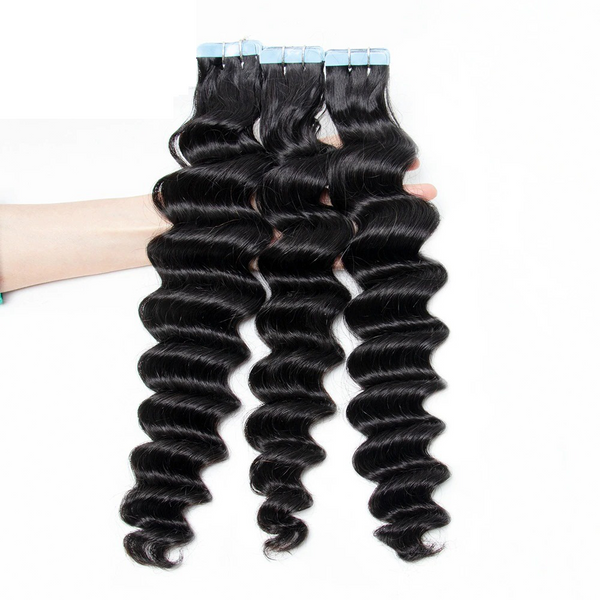 Loose Deep Curly Virgin Human Hair Extension 12A Tape In Natural Black  #1B (20pcs/50grams)