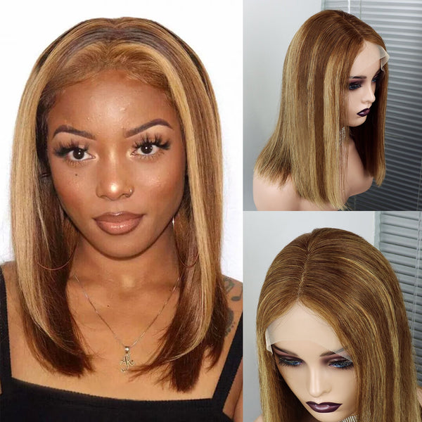 #4/27 Highlight Straight Full 13x4 Frontal transparent Lace Bob Style Wig