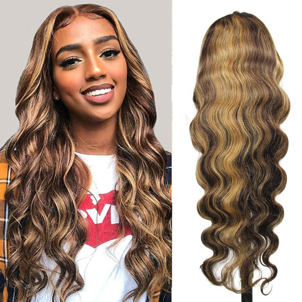 #4/27 Highlight Body Wave Full 13x4 Frontal transparent Lace Wig