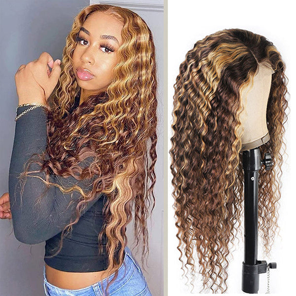 #4/27 Highlight Deep Wave Full 13x4 Frontal transparent Lace Wig