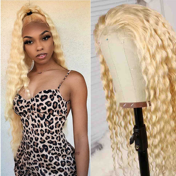 Deep Wave 4x4 Closure transparent Lace Wig #613 Blonde Color