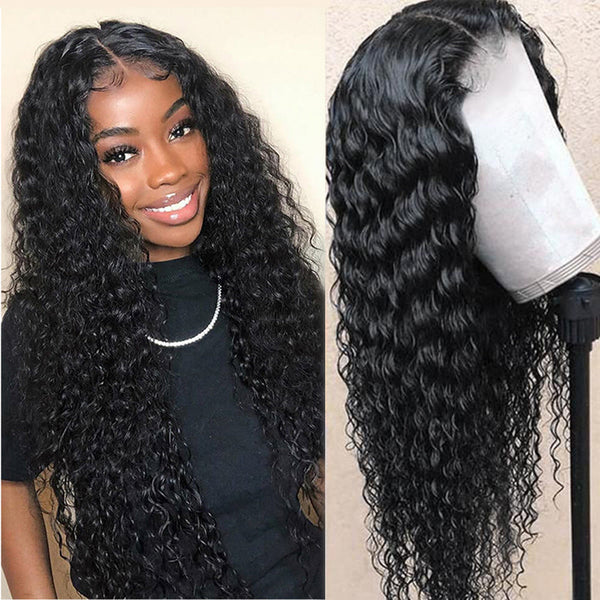 Deep Wave Full 13x4 Frontal transparent Lace Wig #1B Natural Black