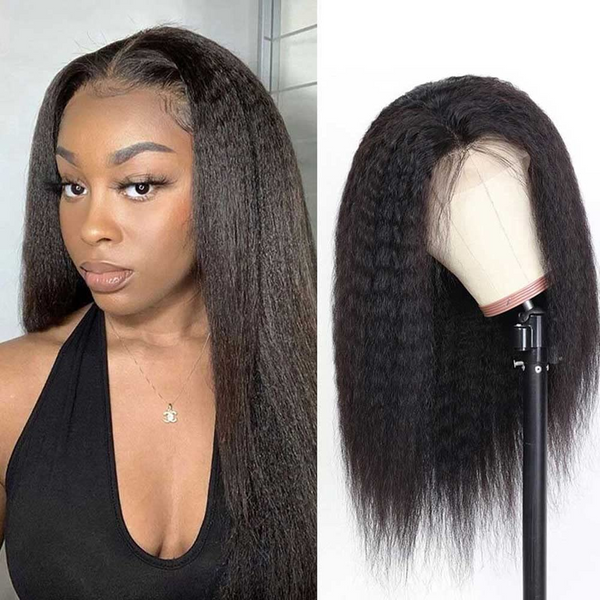 Kinky Straight Full 13x4 Frontal transparent Lace Wig #1B Natural Black