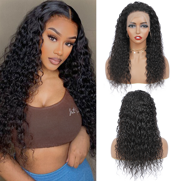 Water Wave Full 13x4 Frontal transparent Lace Wig #1B Natural Black