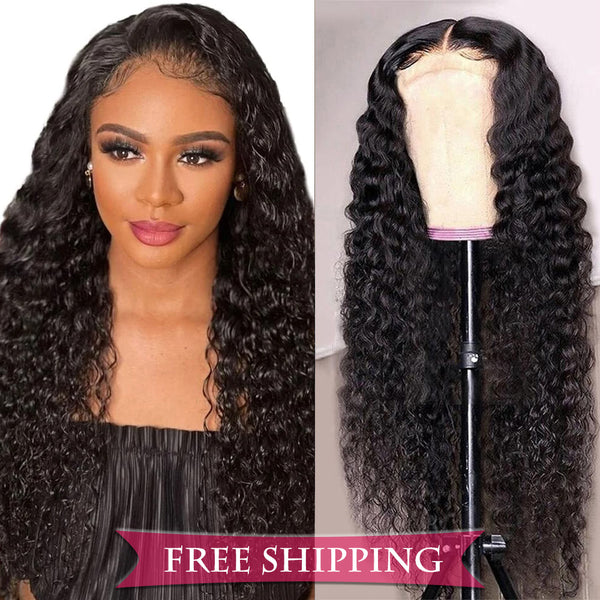 Water Wave Full 13x4 Frontal transparent Lace Wig #1B Natural Black Free Shipping