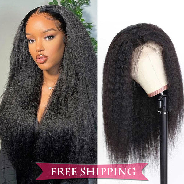 Kinky Straight Full 13x4 Frontal transparent Lace Wig #1B Natural Black Free Shipping