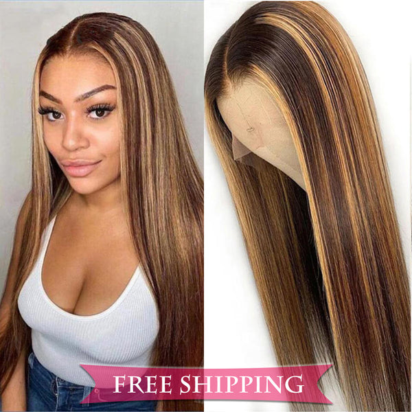 #4/27 Highlight Straight Full 13x4 Frontal transparent Lace Wig Color Wig Free Shipping