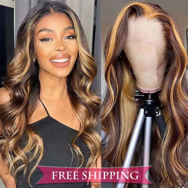 #4/27 Highlight Body Wave Full 13x4 Frontal transparent Lace Wig Color Wig Free Shipping