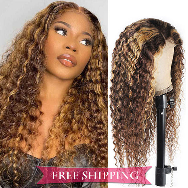 #4/27 Highlight Deep Wave Full 13x4 Frontal transparent Lace Wig Color Wig Free Shipping
