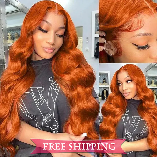 #350 Orange Ginger Body Wave Full 13x4 Frontal transparent Lace Wig Color Wig Free Shipping