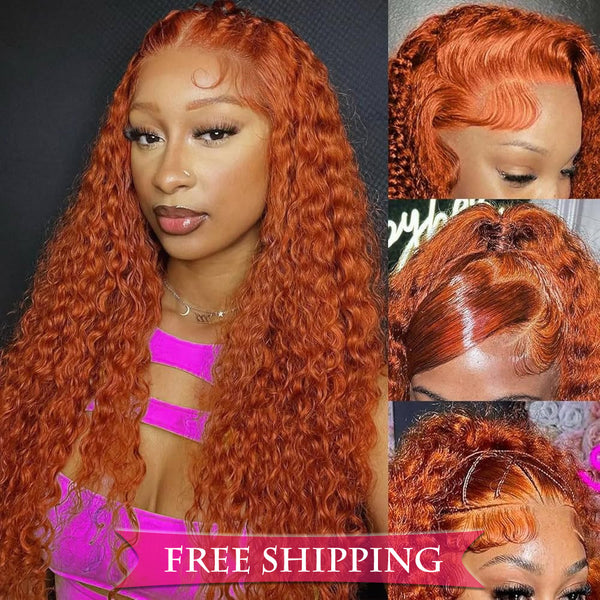 #350 Orange Ginger Deep Wave Full 13x4 Frontal transparent Lace Wig Color Wig Free Shipping