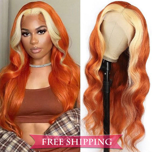 Body Wave  #613/350 Blond Front/Orange Back Highlight Full 13*4 Frontal Lace Wig Color Wig Free Shipping