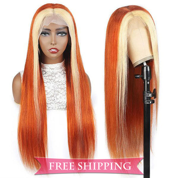 Straight  #613/350 Blond Front/Orange Back Highlight Full 13*4 Frontal Lace Wig Color Wig Free Shipping