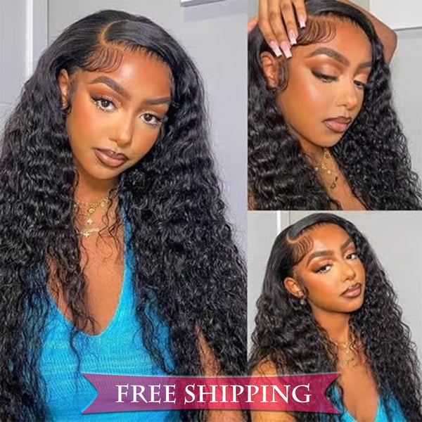 Deep Wave Full 13x4 Frontal HD Lace Wig #1B Natural Black Free Shipping