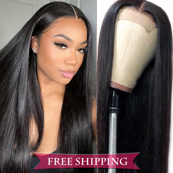 Straight 4x4 Closure transparent Lace Wig #1B Natural Black Free Shipping