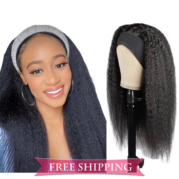 Kinky Straight #1B Natural Black Flexible 180% Density Beginner Friendly Headband Wig Free Shipping