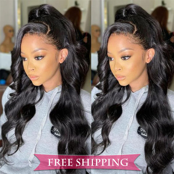 Body Wave 4x4 Closure transparent Lace Wig #1B Natural Black Free Shipping