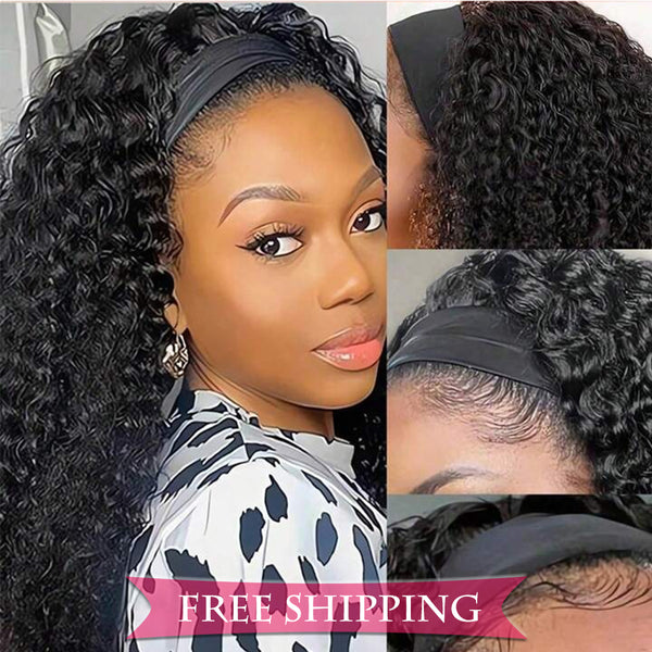 Kinky Curly  #1B Natural Black Flexible 180% Density Beginner Friendly Headband Wig Free Shipping