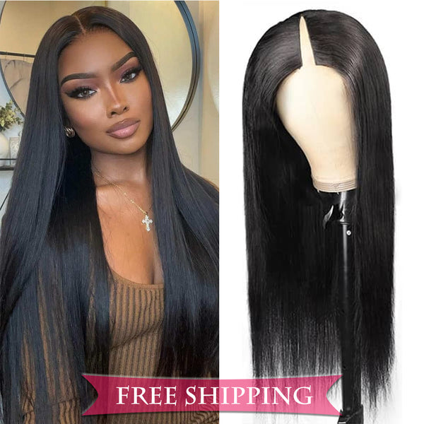 Straight #1B Natural Black V Part Wigs 100% Virgin Human Hair 180% Density Free Shipping