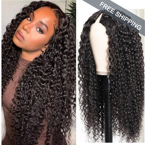 Deep Wave #1B Natural Black V Part Wigs 100% Virgin Human Hair 180% Density