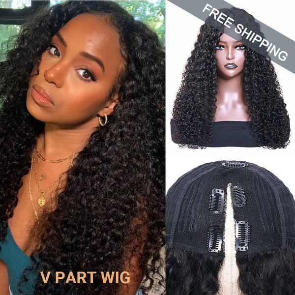 Kinky Curly #1B Natural Black V Part Wigs 100% Virgin Human Hair 180% Density