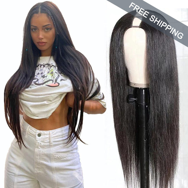 Straight #1B Natural Black U Part Wigs 100% Virgin Human Hair 180% Density