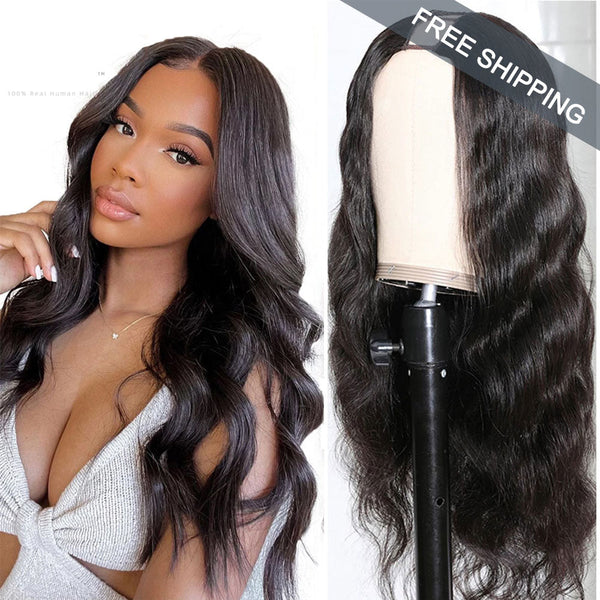 Body Wave #1B Natural Black U Part Wigs 100% Virgin Human Hair 180% Density