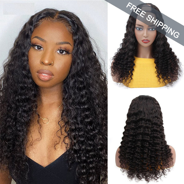 Deep Wave #1B Natural Black U Part Wigs 100% Virgin Human Hair 180% Density