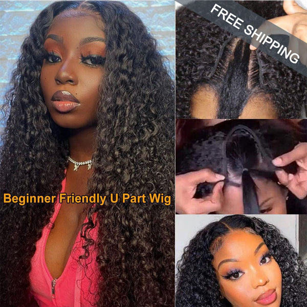 Kinky Curly #1B Natural Black U Part Wigs 100% Virgin Human Hair 180% Density