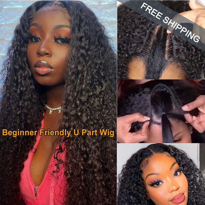 Kinky Curly #1B Natural Black U Part Wigs 100% Virgin Human Hair 180% Density