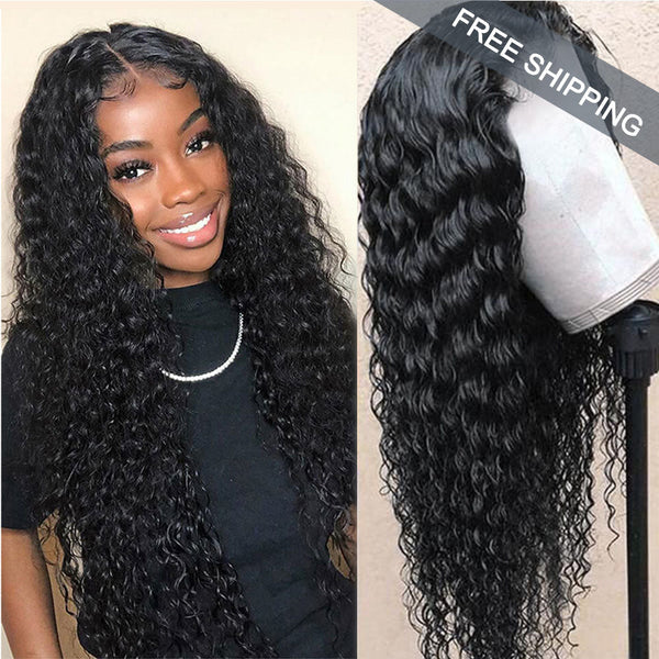 Deep Wave Full 13x4 Frontal transparent Lace Wig #1B Natural Black