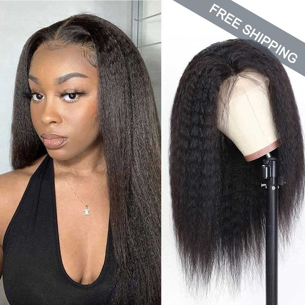 Kinky Straight Full 13x4 Frontal transparent Lace Wig #1B Natural Black