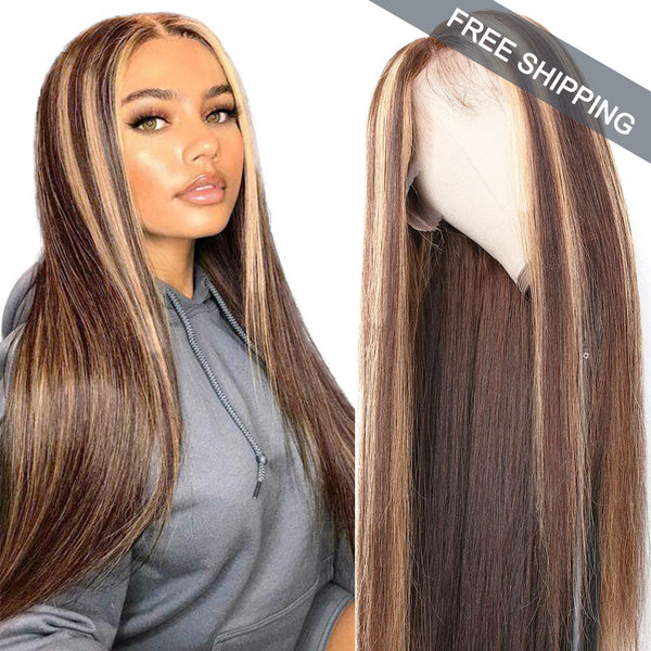 #4/27 Highlight Straight Full 13x4 Frontal transparent Lace Wig