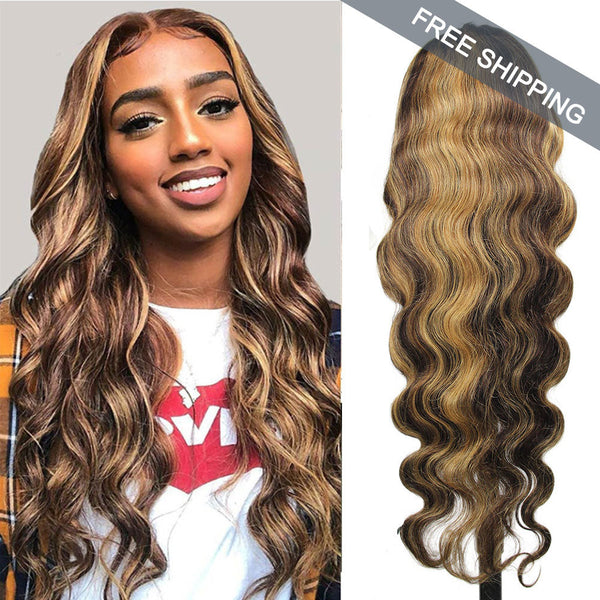 #4/27 Highlight Body Wave Full 13x4 Frontal transparent Lace Wig