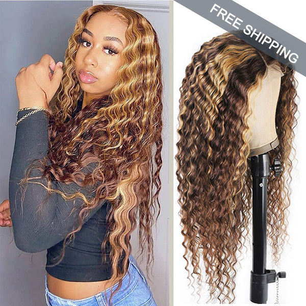 #4/27 Highlight Deep Wave Full 13x4 Frontal transparent Lace Wig