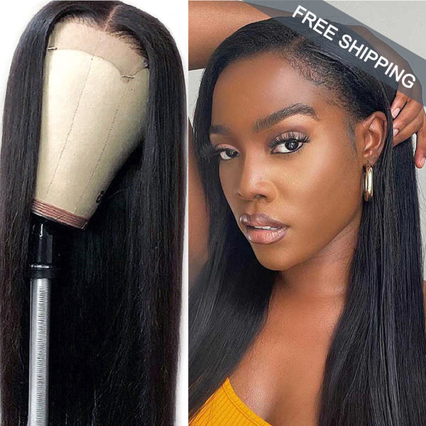 Straight 4x4 Closure transparent Lace Wig #1B Natural Black