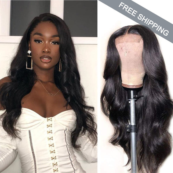Body Wave 4x4 Closure transparent Lace Wig #1B Natural Black
