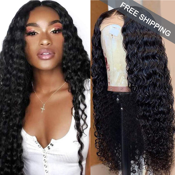Deep Wave 4x4 Closure transparent Lace Wig #1B Natural Black