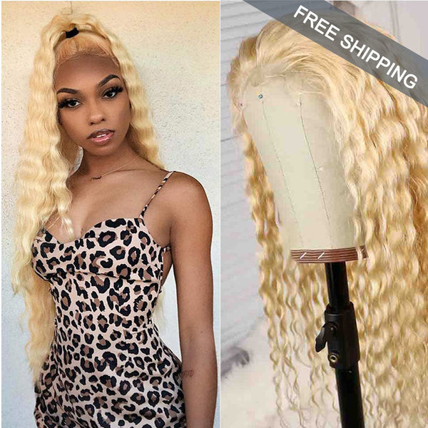 Deep Wave 4x4 Closure transparent Lace Wig #613 Blonde Color