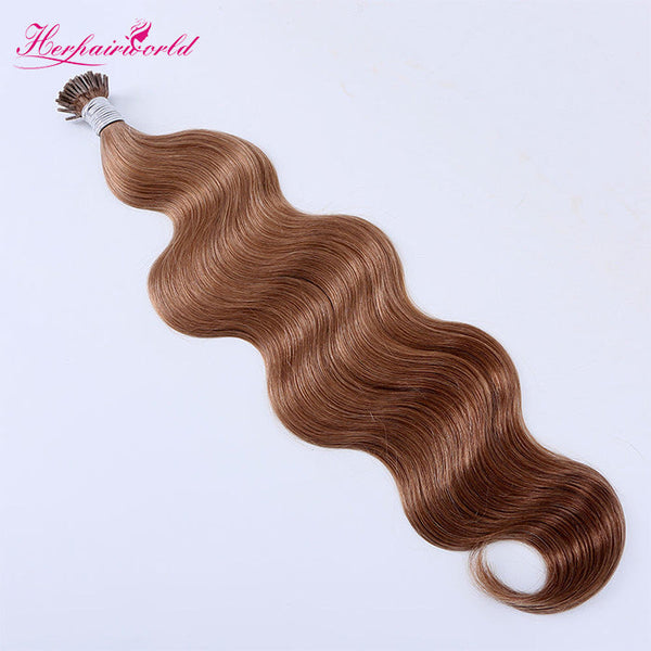#8 Light Brown Stick Hair I Tip Remy Hair Extension Body Wave Dark Color (100pcs - 100g£©