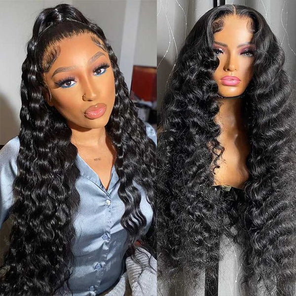 Deep Wave Full 13x6 Frontal transparent Lace Wig #1B Natural Black