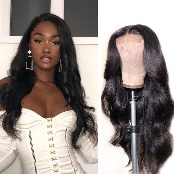 Body Wave 4x4 Closure transparent Lace Wig #1B Natural Black