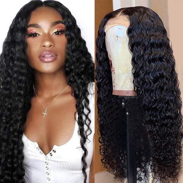 Deep Wave 4x4 Closure transparent Lace Wig #1B Natural Black