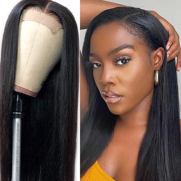 Straight 4x4 Closure transparent Lace Wig #1B Natural Black