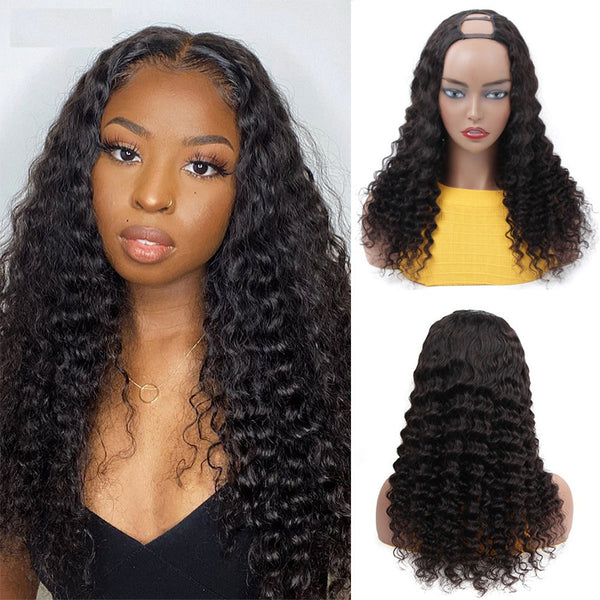 Deep Wave #1B Natural Black U Part Wigs 100% Virgin Human Hair 180% Density