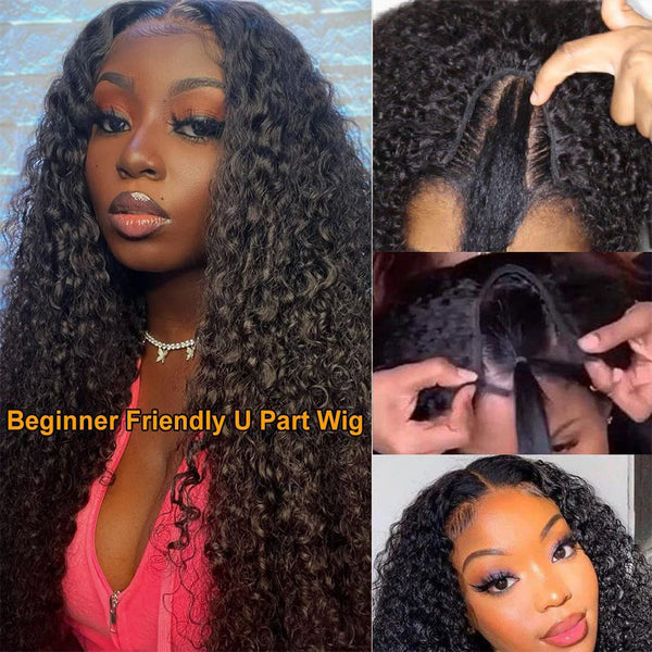 Kinky Curly #1B Natural Black U Part Wigs 100% Virgin Human Hair 180% Density
