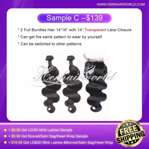 Free Shipping Sample for 2 Full Bundles+Transparent Lace Closure