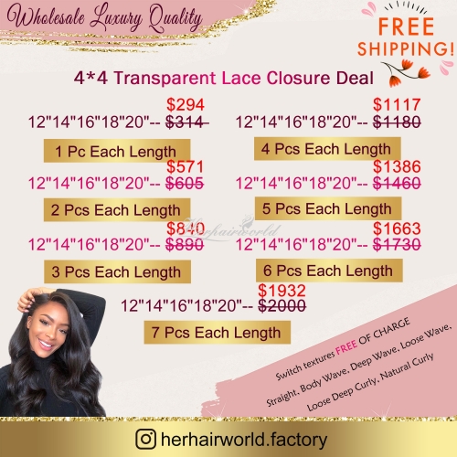 Wholesale Luxury Quality 4*4 Transparent Lace Closure Deals